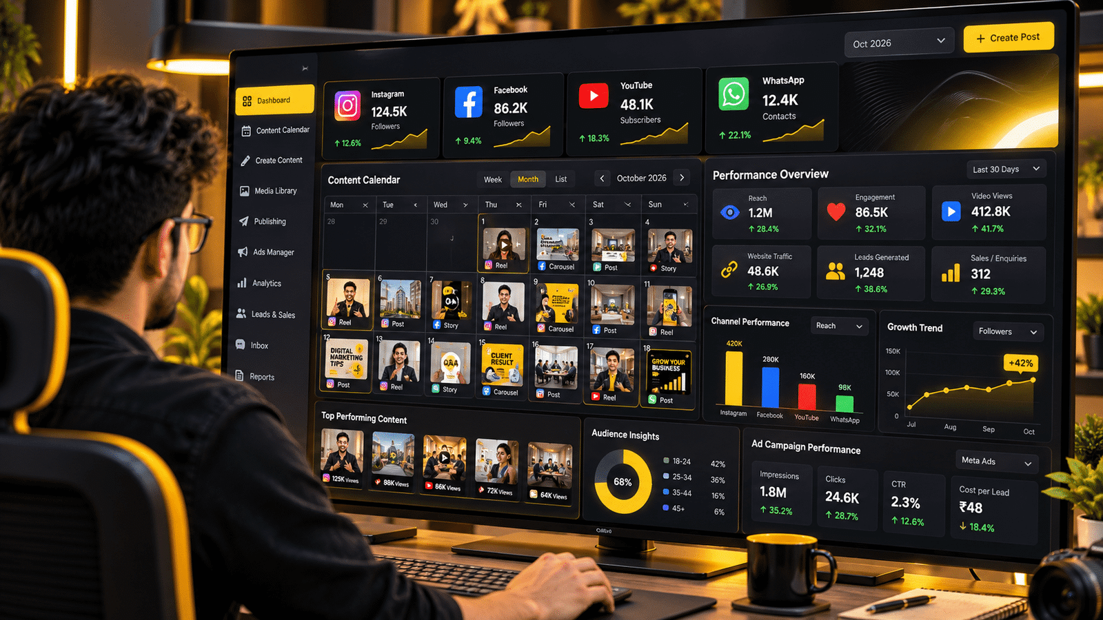 Social media marketing management dashboard workspace