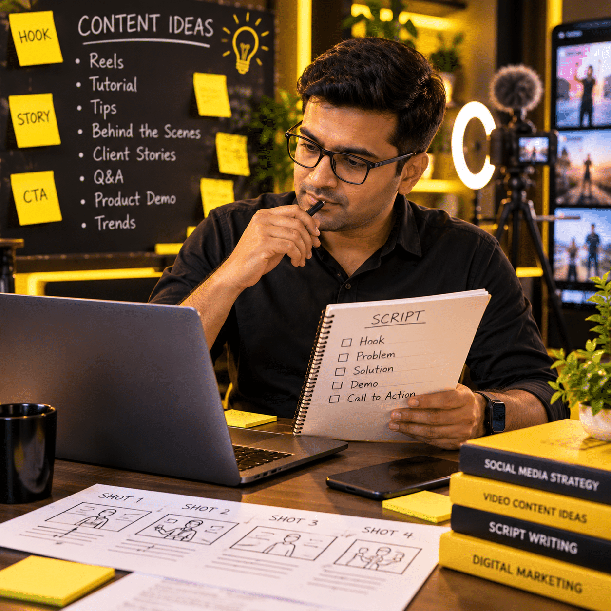 Content creators planning social media scripts